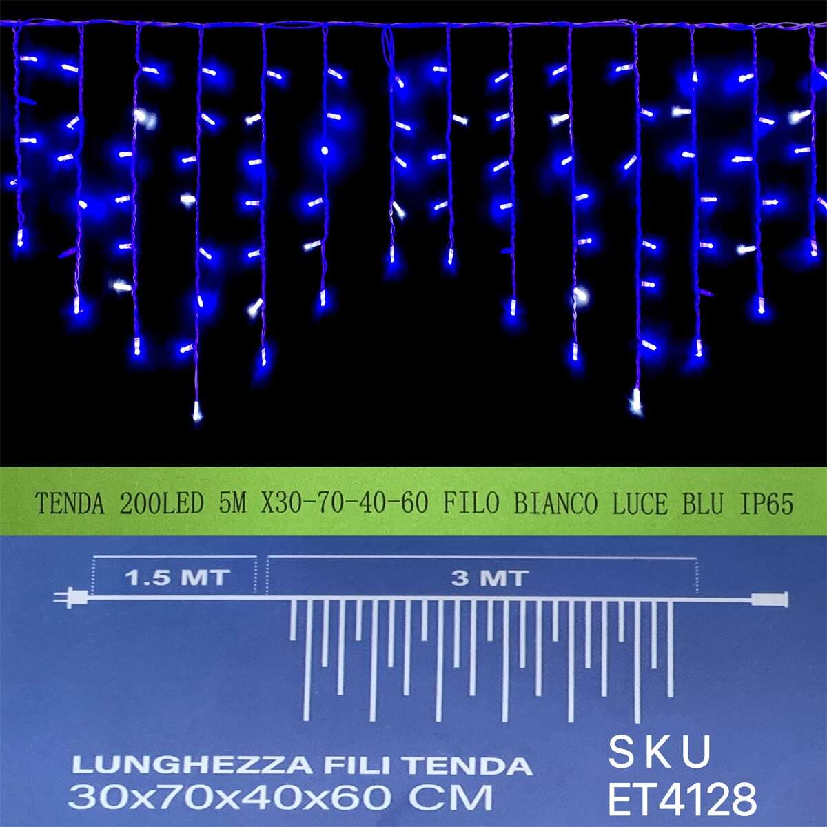 A2ZWORLD Rideau lumineux extérieur avec effet cascade, professionnel IP65, rideaux avec 4 longueurs différentes 30 cm 40 cm 60 cm et 70 cm (5 m avec 200 LED, bleu)