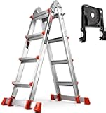 Soctone Ladder, A Frame 4 Step Extension Ladder, 14.5 Ft with Multi Position & Removable Tool Tray with Stabilizer Bar, 330 lbs Weight Rating Telescoping La dder for Household or Outdoor Work