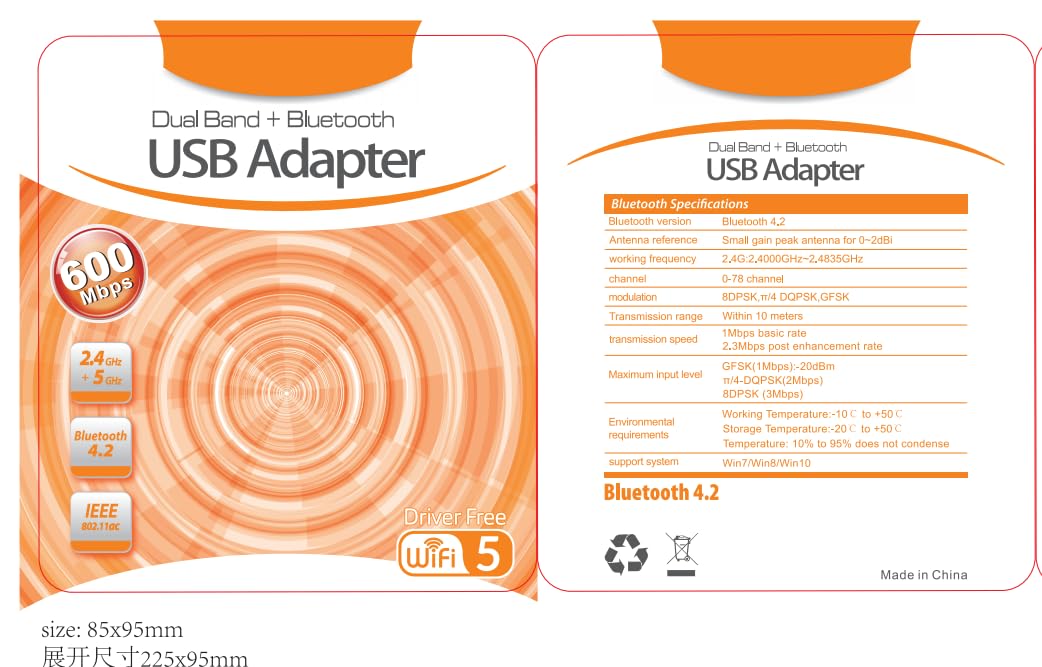 Adaptador USB WiFi Bluetooth, 600 Mbps de doble banda 2.4/5 GHz tarjeta de red inalámbrica, USB WiFi dongle para PC/portátil/escritorio, compatible con Windows XP/7/8.1/10