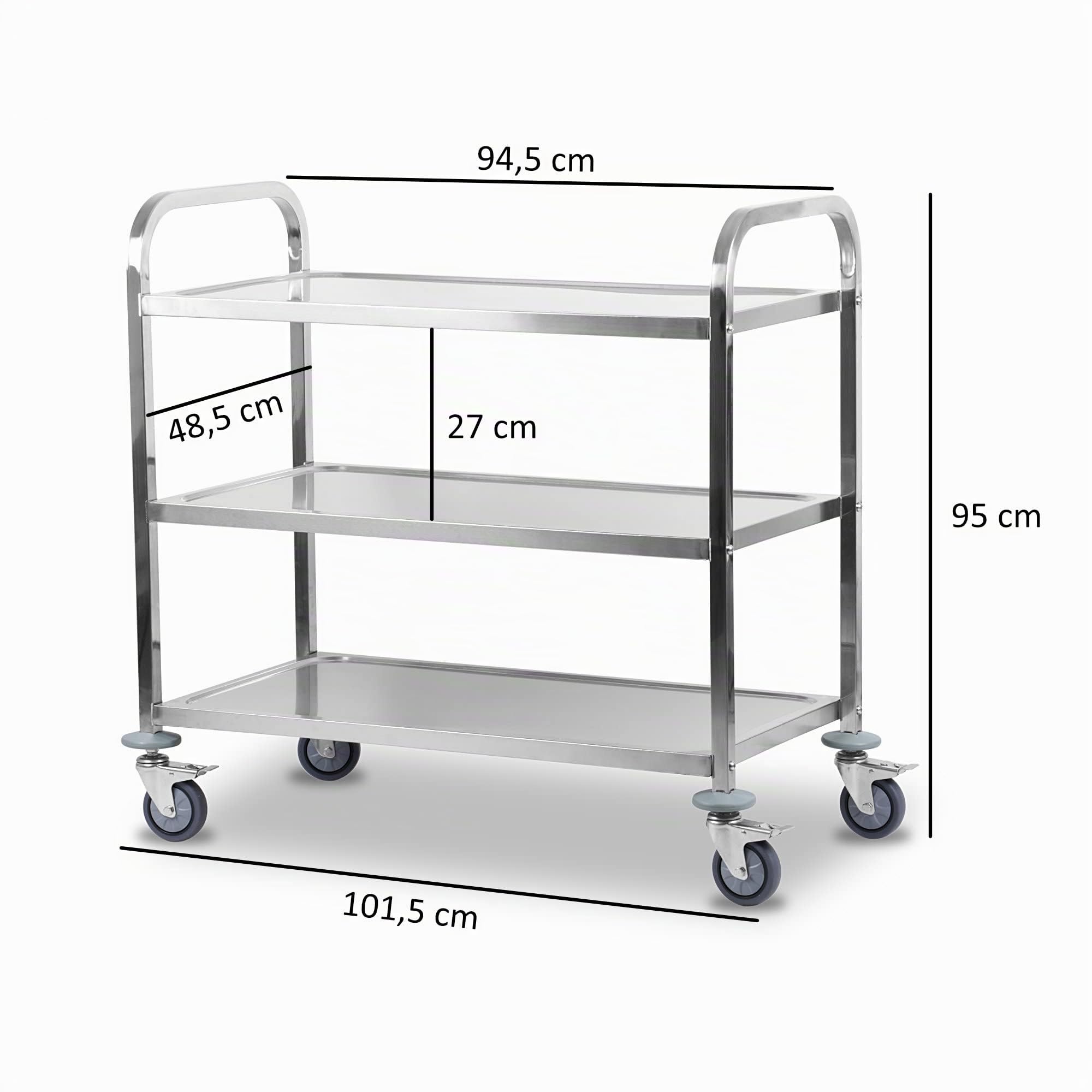 Mahlzeit Carro de Servicio de Acero Inoxidable con 3 Estantes | 101,5 x 95 x 48,5 cm | Carrito de Servicio con 4 Ruedas y Frenos de Bloqueo | Carrito de Restaurante con 3 Niveles | Almacenamiento