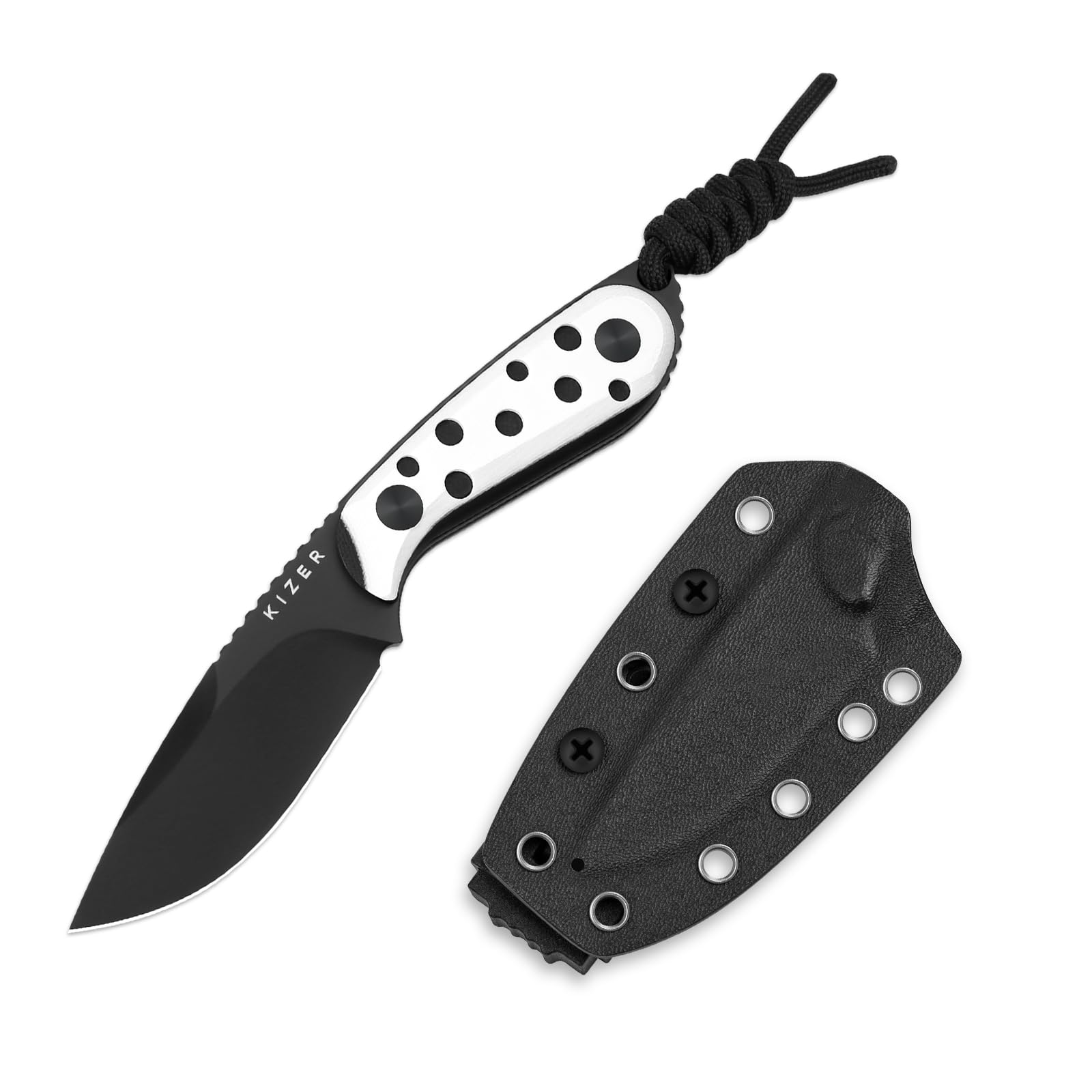 Kizer Buddy Fixed Blade Knife, 3" Nitro-V Steel Camping Knife with Black & White G10 Handle, Compact EDC Fixed Blade Knives with Sheath for Hiking &