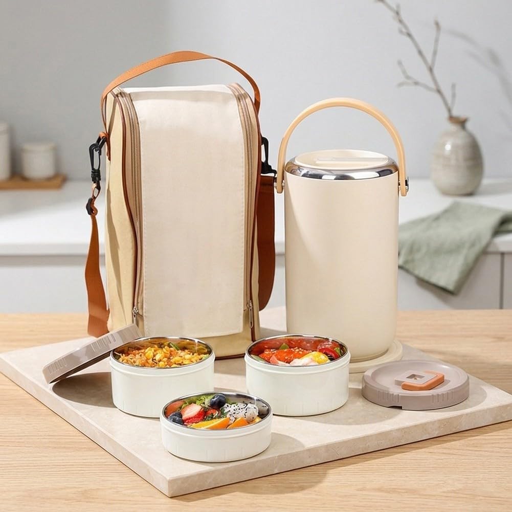Tarro de comida aislado de 3 compartimentos, contenedor de almuerzo de acero inoxidable de 90 onzas líquidas con aislamiento al vacío, sellos a prueba de fugas y bolsa aislada para el trabajo