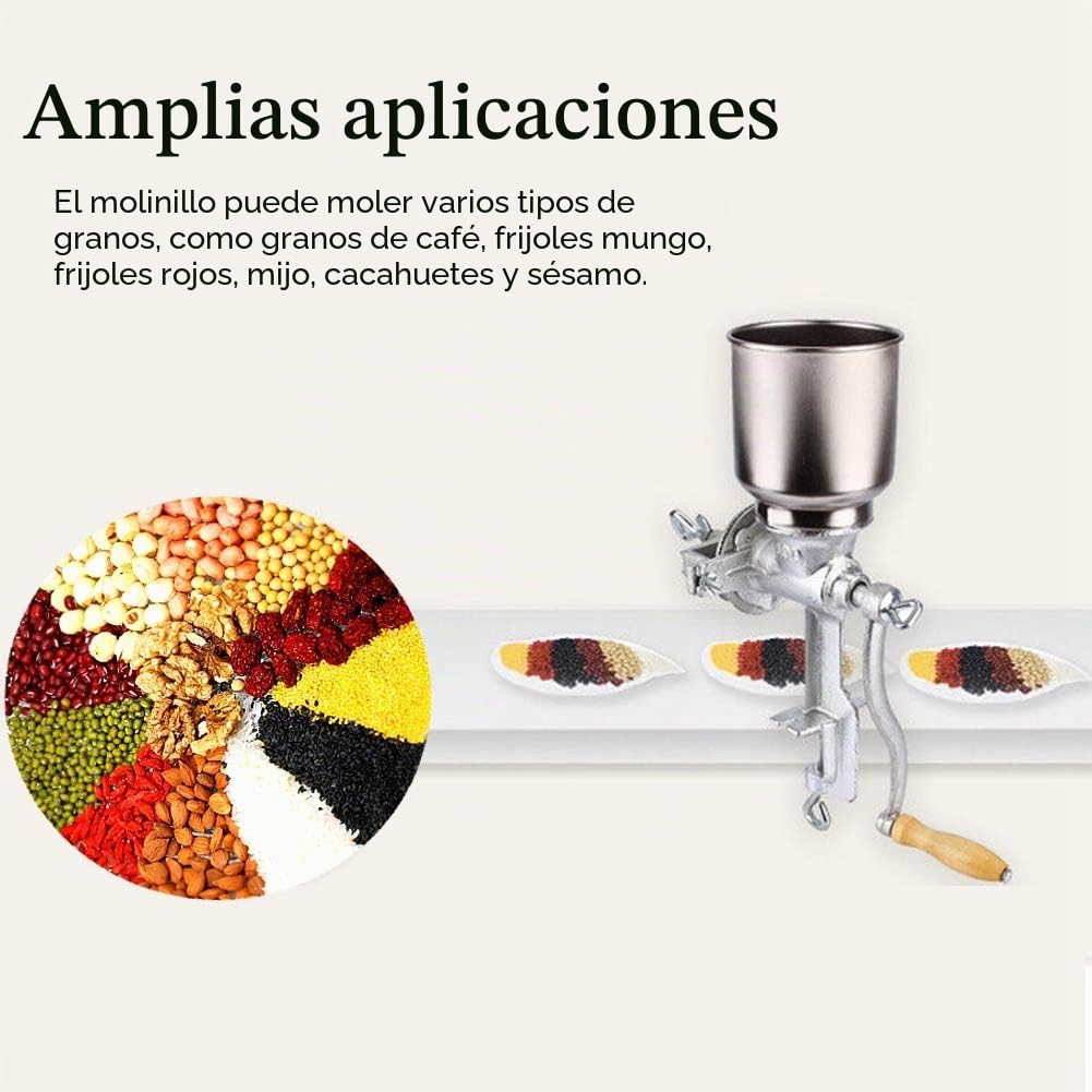 Molinillo Manual con Abrazadera de Mesa, Molino de Grano de Hierro Fundido de Gran Tolva - Para Maíz, Café, Cereales, Nueces y Especias