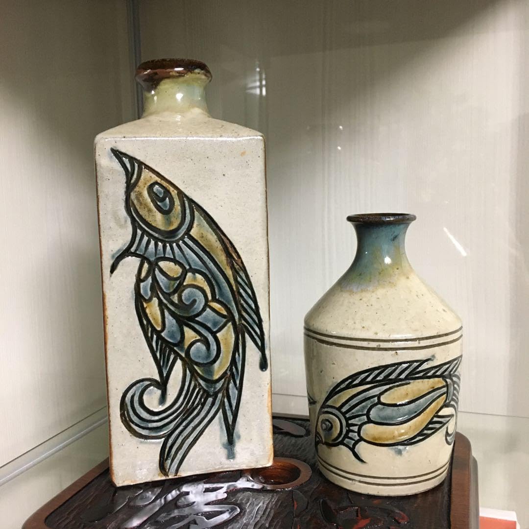 壺屋焼 金城敏男 魚紋角瓶 丸瓶 花瓶 徳利 やちむん ヤチムン 琉球 沖縄-