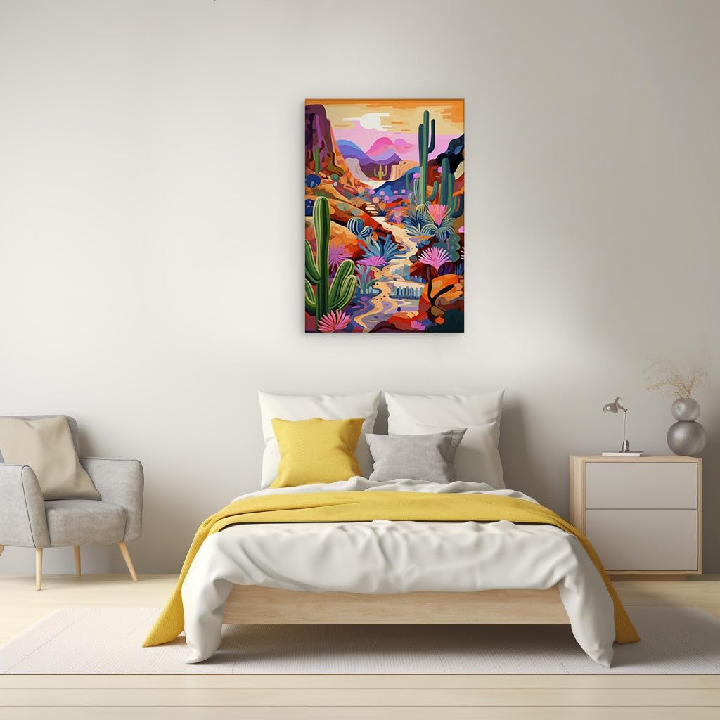 Canvas for Living room. Sunset Serenity in the Desert Oasis: A Tapestry of Vibrant Blooms and Tranquil Hues, 27 x 18 inch Canvas Wall Art - Contemporary Masterpieces - Modern Home Decor