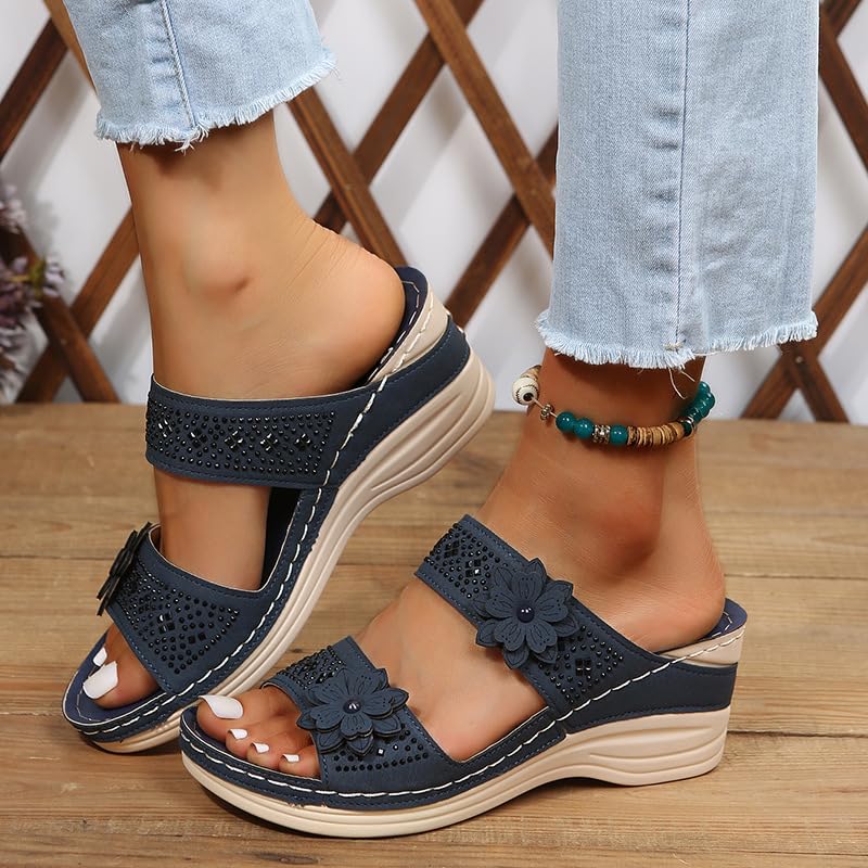 Womens Wedge Sandals Chic Flower Orthotic Sandals Summer Casual Arch Support Slip On Slippers Comfortable Beach Walking Shoes2