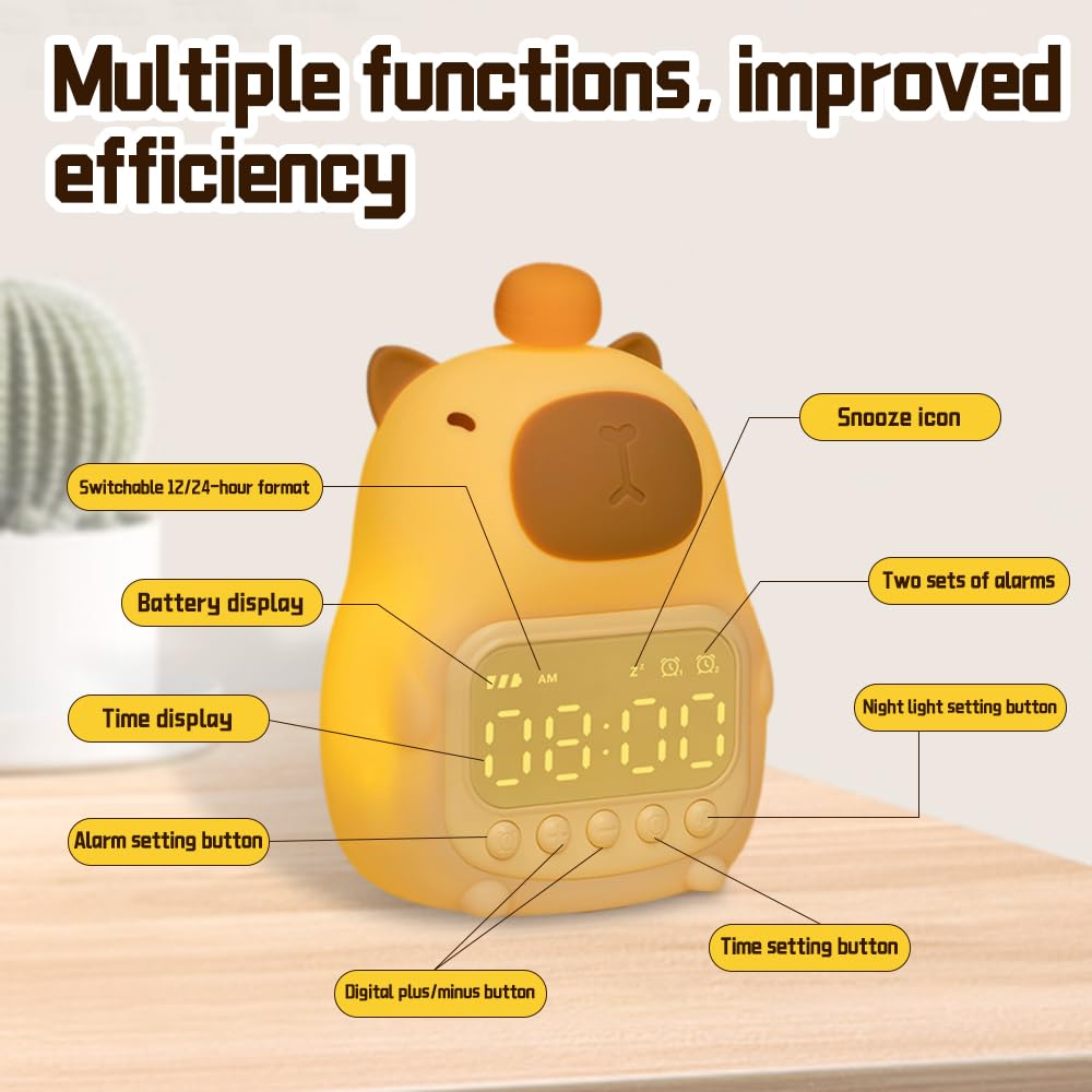 SKIKHN Capibara Sveglia Bambini,Capybara Lampada,Luce Notturna Capybara Ricaricabile,Sveglia Digitale con Display Always On e Funzione Snooze,Sveglia con Luce Notturna per il Sonno di Ragazzi Ragazze