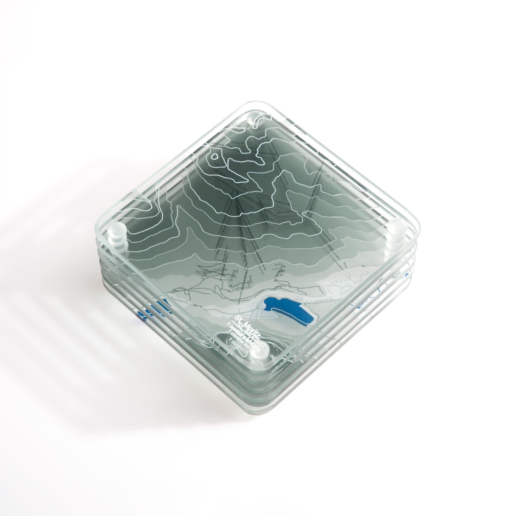 St. Moritz, Swiss 3D Contour Map Glass Drink Coasters of Mountains, Ski Resort, set of 6 with Holder, Housewarming Birthday Gifts, Home Decor