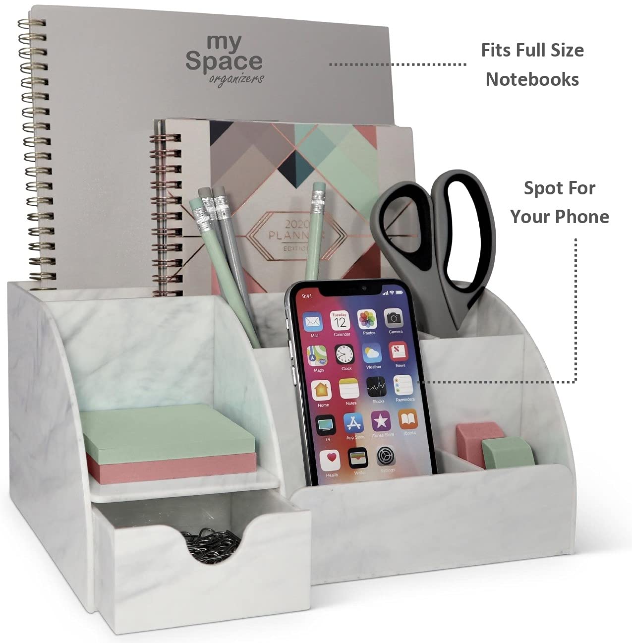 Acrylic Office Desk Organizer with Drawer, Marble 9 Compartments, All