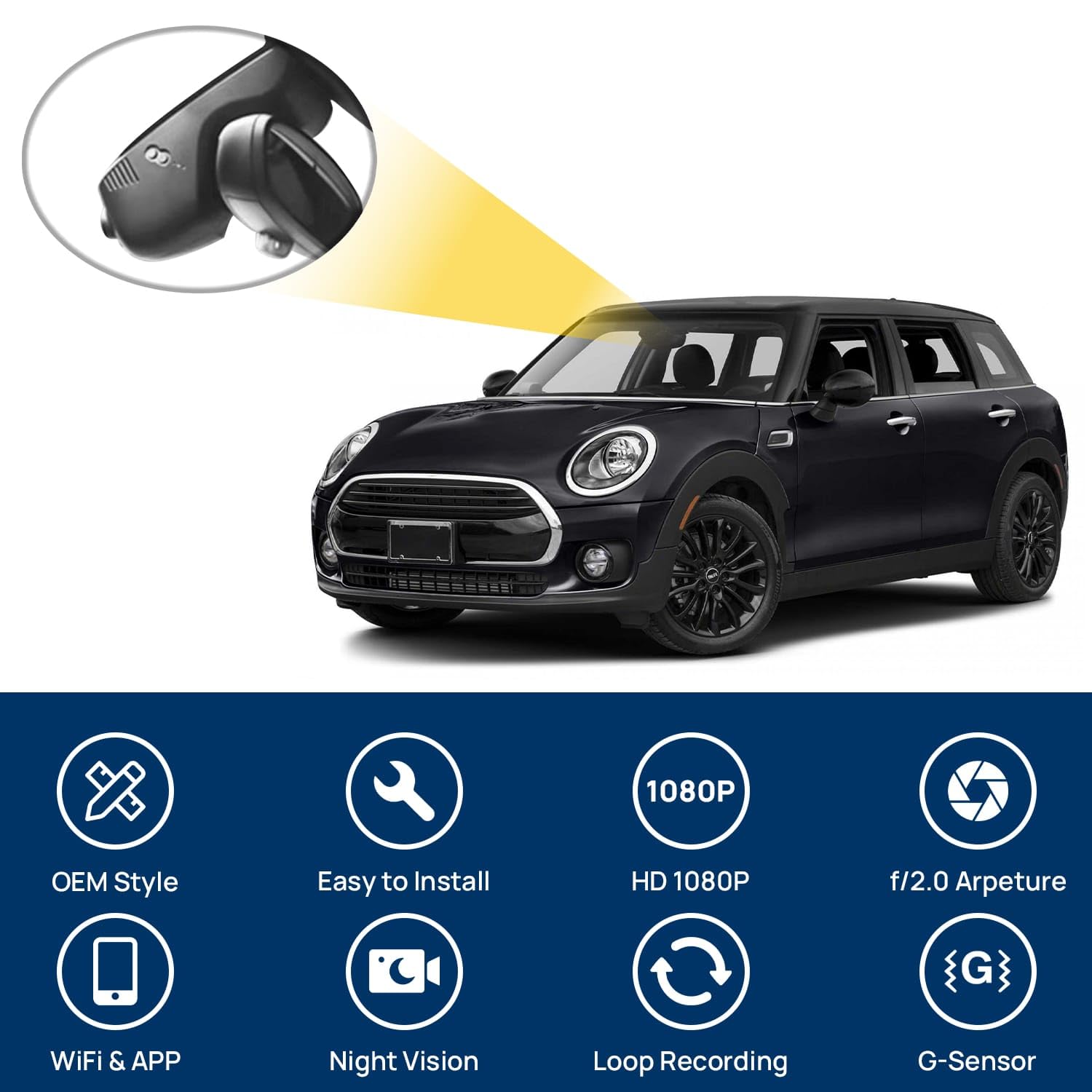 1080P WiFi Kamera samochodowa do BMW Mini 2019, zasilanie OBD, styl OEM, nagrywanie w pętli, kamera przednia, karta 64 GB, samochodowy rejestrator DVR