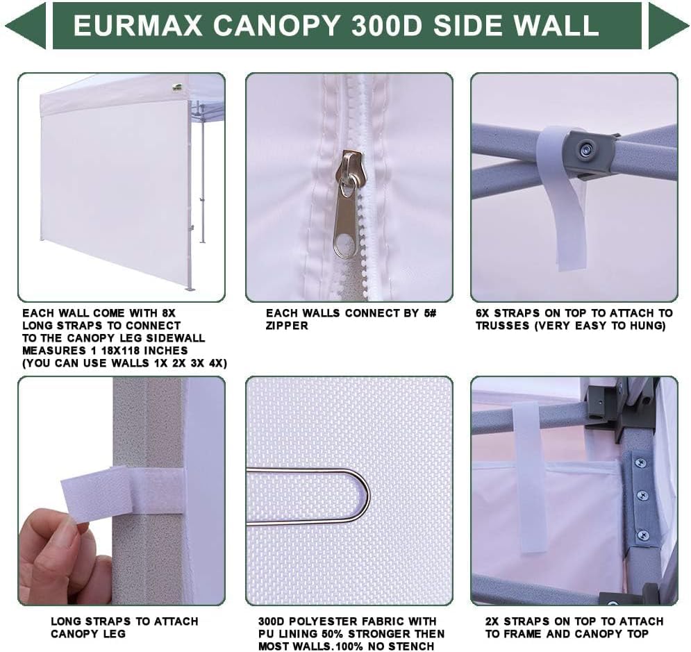 Image of Eurmax USA 10x10 Pop Up Canopy SunWall-UV Protection for Tents,Blocks Sunlight&Wind,Water Resistant Side Wall Only,Easy Hook & Loop Installation,Fit for 10FT Straight Leg Shelters&Gazebo,Grass Green