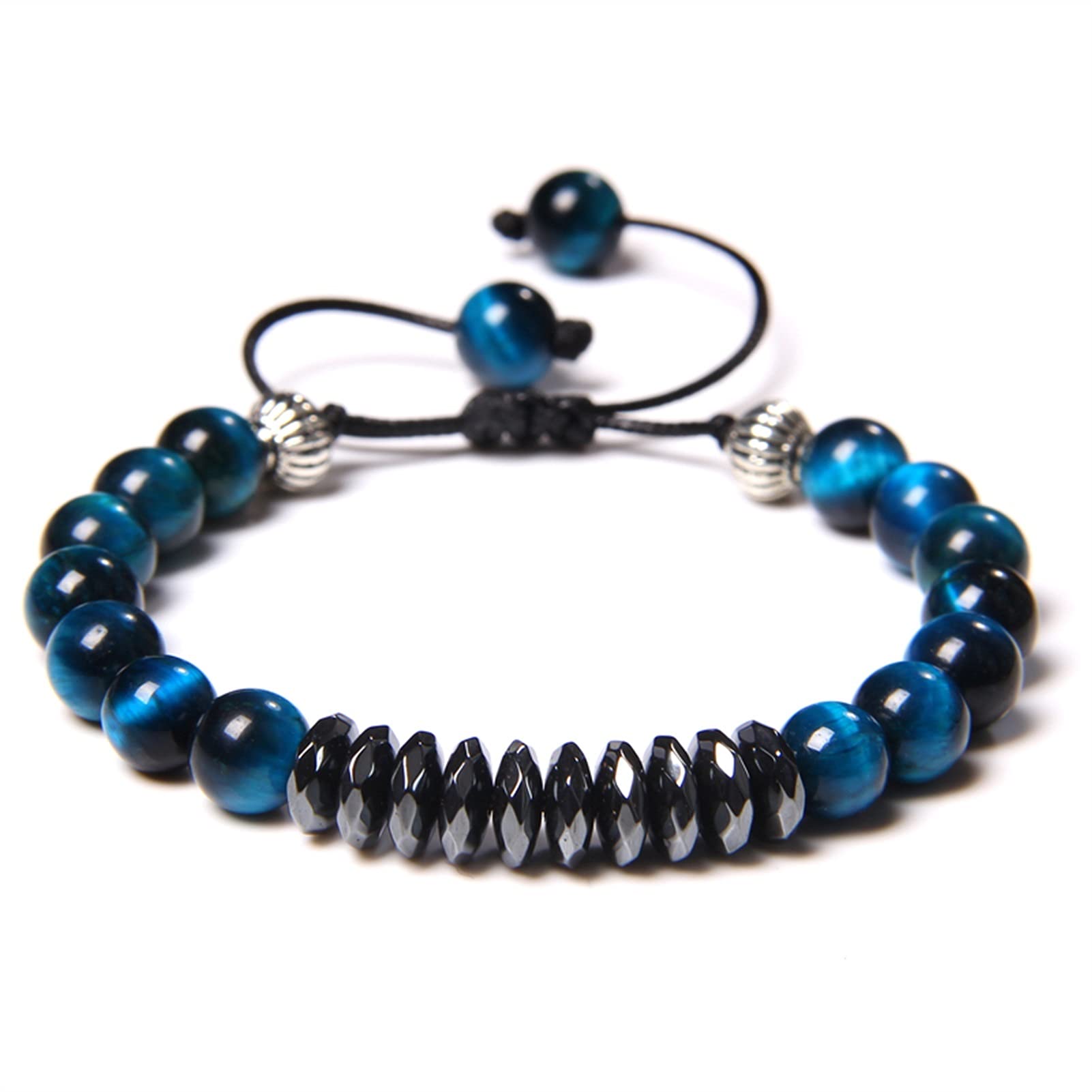 Naturstein-Armband, 8 mm, natürliches Chakra, Tigerauge, Steinperlen, Armbänder, handgefertigt, verstellbar, schwarzes Seil-Armband, Herren, facettiertes Hämatit-Schmuckarmband, Schmuck