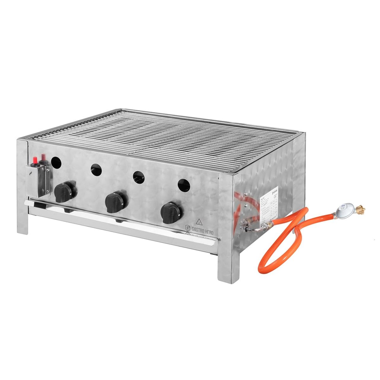 GastroHero Tischbräter, 3 Brenner, 10 kW, Edelstahl TBG3-T | Profi Gastro Kombibräter, Outdoor Tischgrill 650×570×270 mm inkl. Gasschlauch & Druckminderer