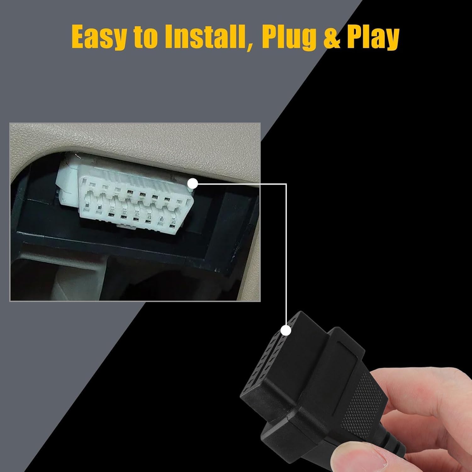 An image demonstrating the connection process, with a hand plugging the 16-pin end of the adapter into a standard OBD2 diagnostic port, illustrating the plug-and-play installation.