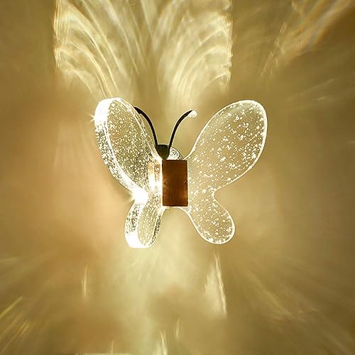 Moderna lámpara de montaje en pared, cristal de burbuja con forma de mariposa y corazón + base de acero inoxidable + panel de aluminio con botón de