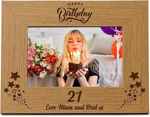 Ukgiftstoreonline Brown Personalised Happy Birthday Wooden Photo Frame Gift Any Age 1St, 13Th, 16Th, 18Th, 21St, 30Th, 40Th, 50Th, 60Th, 70Th, 80Th, 90Th Etc (4 X 6 Inch)