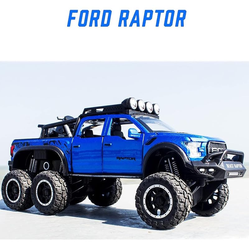 Image of Kids Model 1:24 Raptor F150 Die Cast Metal Car Pull Back Action Opening Doors with Realistic Engine Sound Lights Toy Car Gift for Boys - Multi