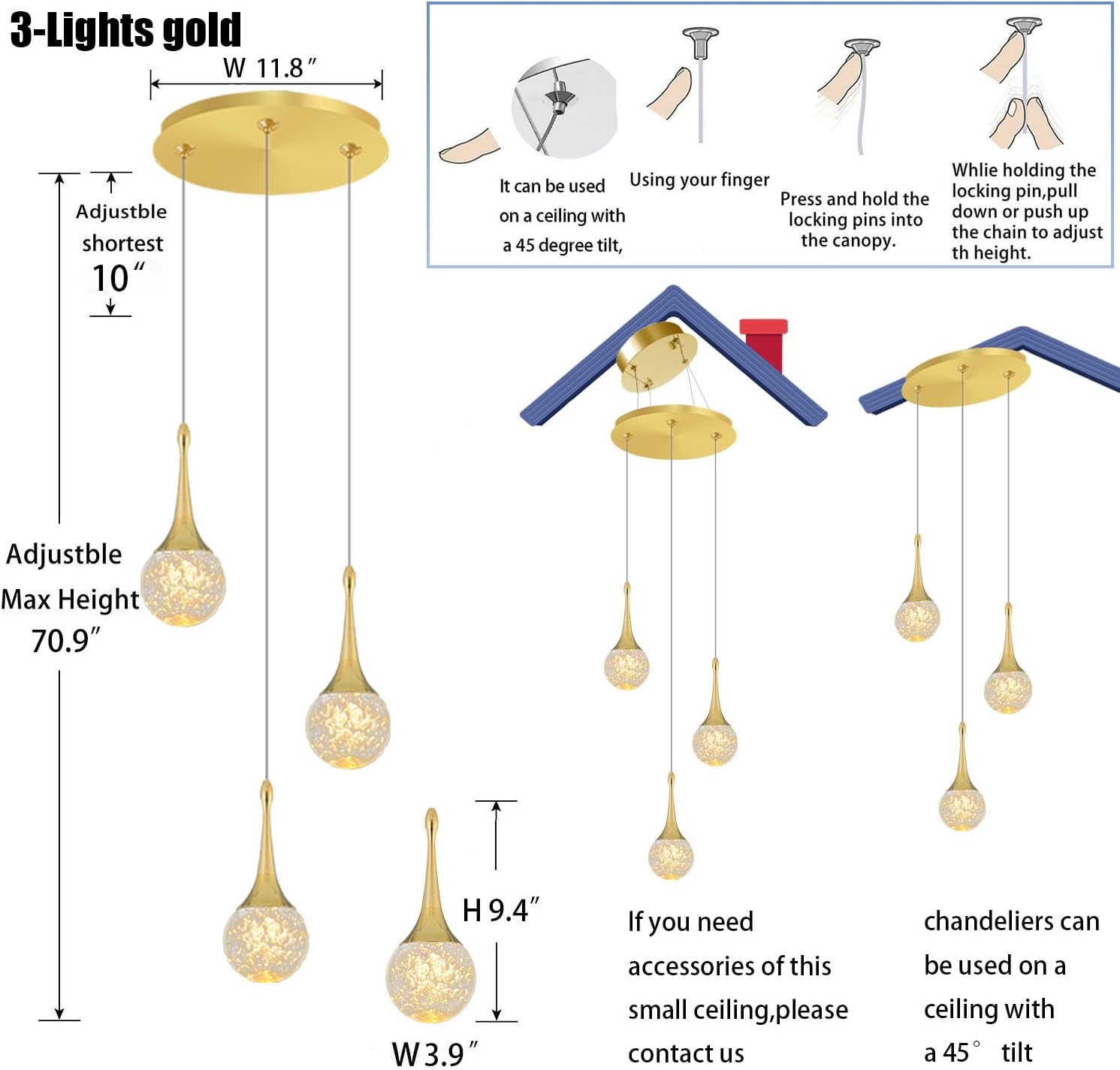 Flashing God 3 Pendant Lights Gold Farmhouse Light Fixtures Kitchen Island Lighting Small Crystal Hanging Chandeliers Modern Ceiling Pendant Light for Dinning Room Bedroom Hallway Bar