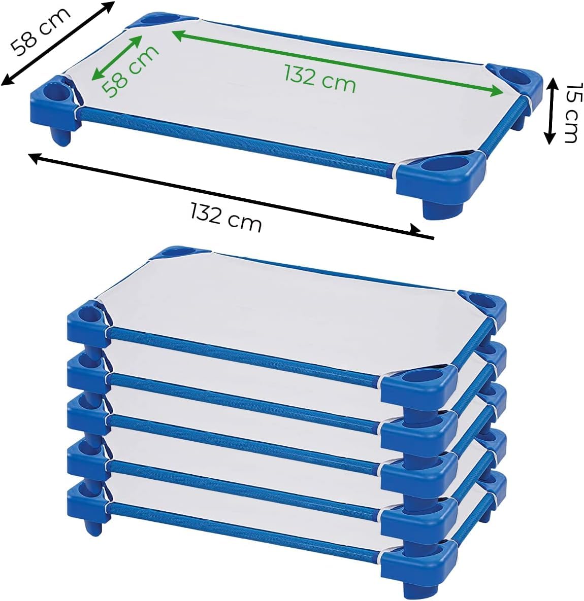 Pack de 6 Cunas Apilables para Guardería y 6 Sábanas Bajeras para Cuna Apilable – Cuna Apilable para Guardería 132cm x 58cm x 15cm y Sábana Bajera 132cm x 58cm