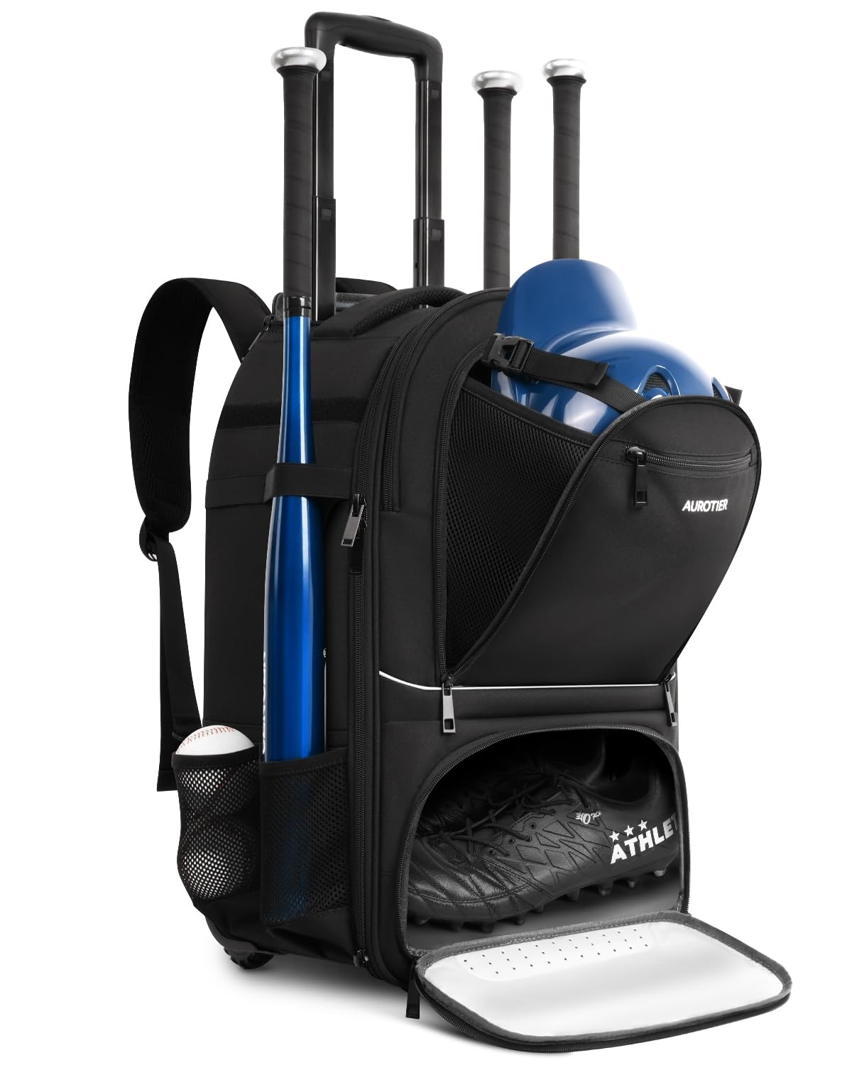 AUROTIER Rolling Baseball Backpack with Off-road Wheels, Wheeled Catchers Gear Bag for Baseball Equipment, 4 Bats, Large Softball Bag for TBall,