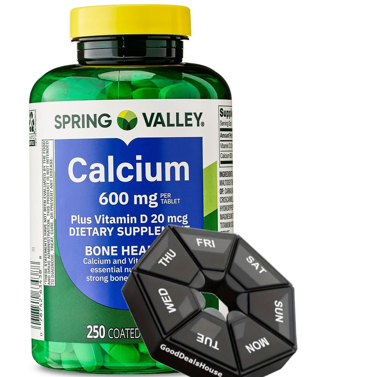 GoodDealsHouse Spring - Valley Calcium 600 mg + Vitamin D3 20 mcg - 250 Count with Weekly Pill Organizer Bone Health Dietary Supplement Tablets