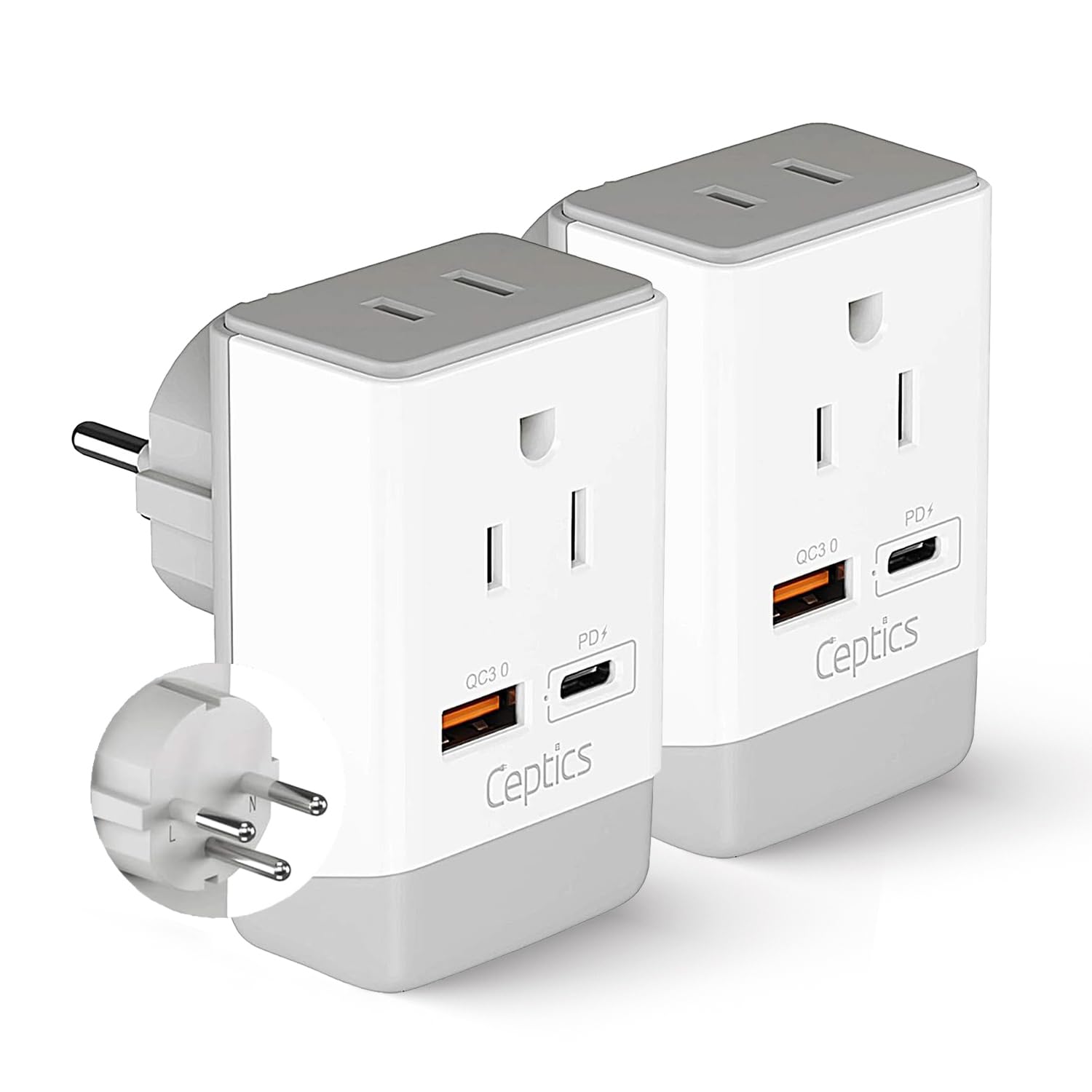 Ceptics Israel Travel Adapter 2 Pack Set, QC 3.0 & PD, Safe Dual USB & USB-C - 2 USA Socket Compact & Powerful - Use in Palestine, Gaza Strip - Type H