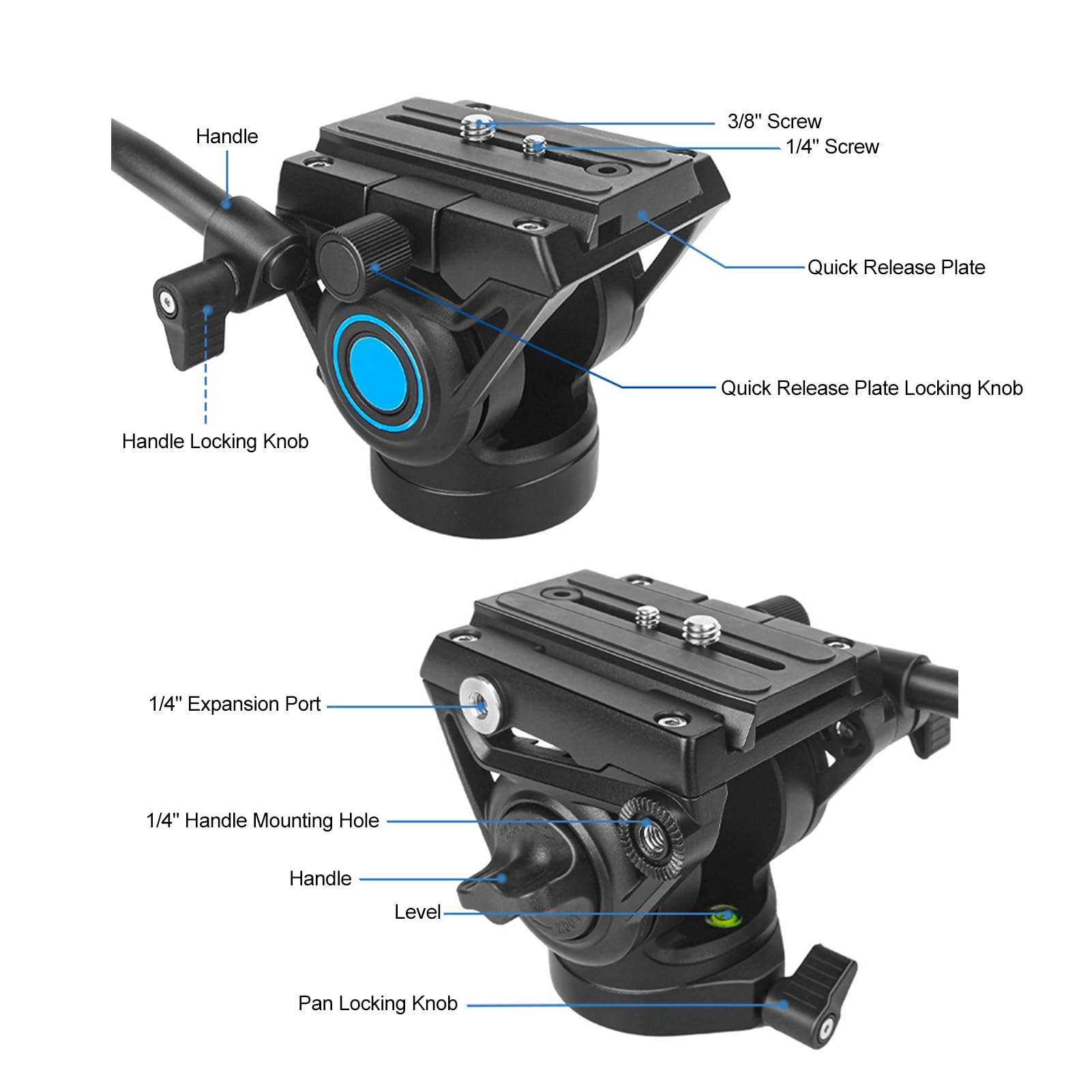 Jectse Testa per Treppiede con Smorzamento Idraulico Professionale, Lega di Alluminio Leggera con Piastra a Sgancio Rapido e Montanti Antiscivolo, per Fotocamere DSLR, Fotocamere
