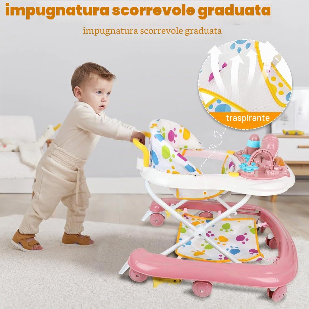 Girello per bambini con vassoio per attività musicali rimovibile, girello per bambini facilmente pieghevole, altezza regolabile, a partire da 6 mesi, 62 x 68 x 36-81 cm (rosa)
