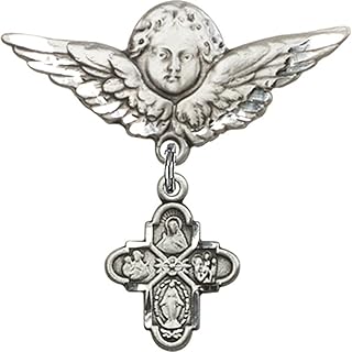 Sterling Silver Baby Badge with 4-Way Charm and Angel w/Wings Badge Pin 1 1/8 X 1 1/8 inches