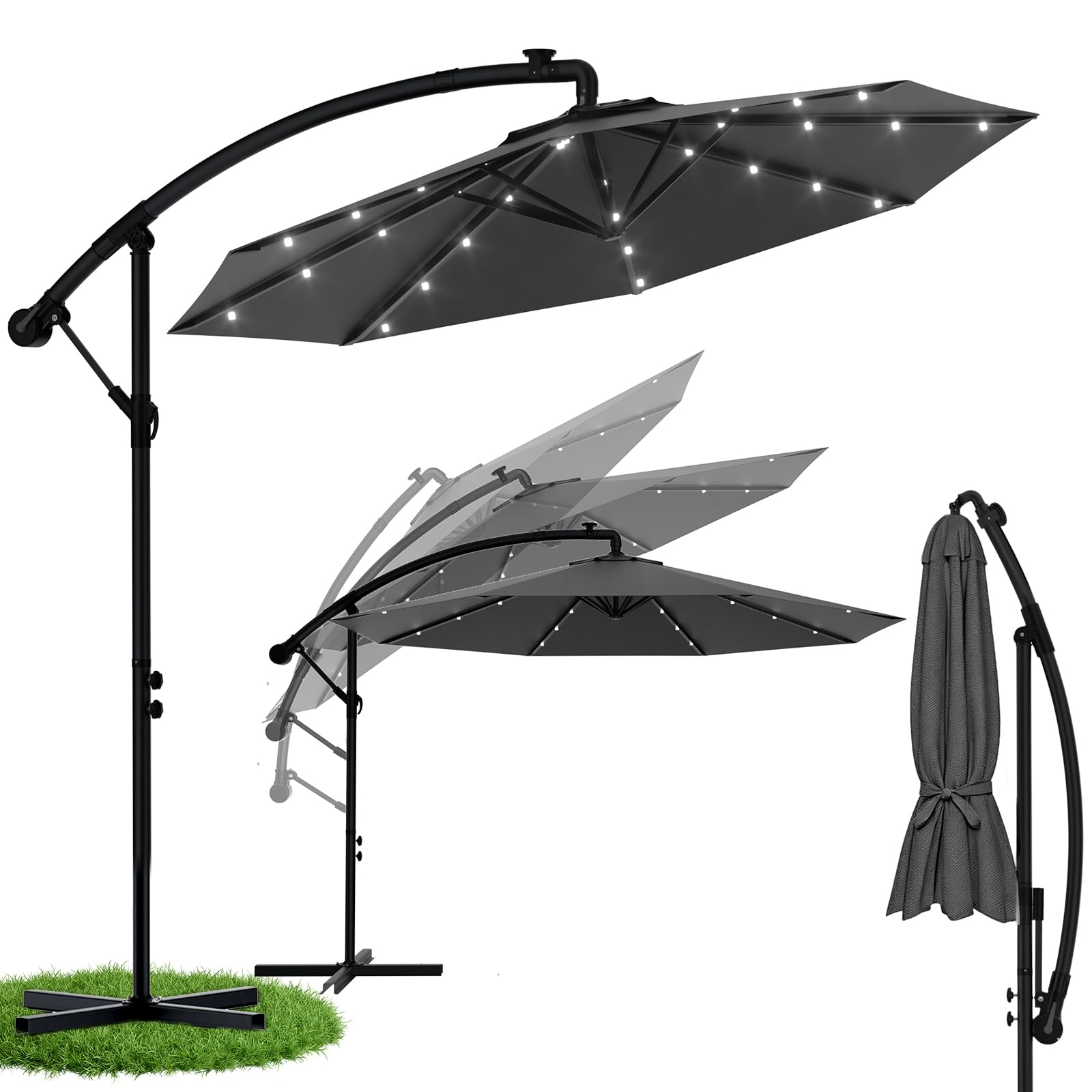 Ferghana Ombrellone da giardino con supporto e manovella, 300/350 cm, protezione UV