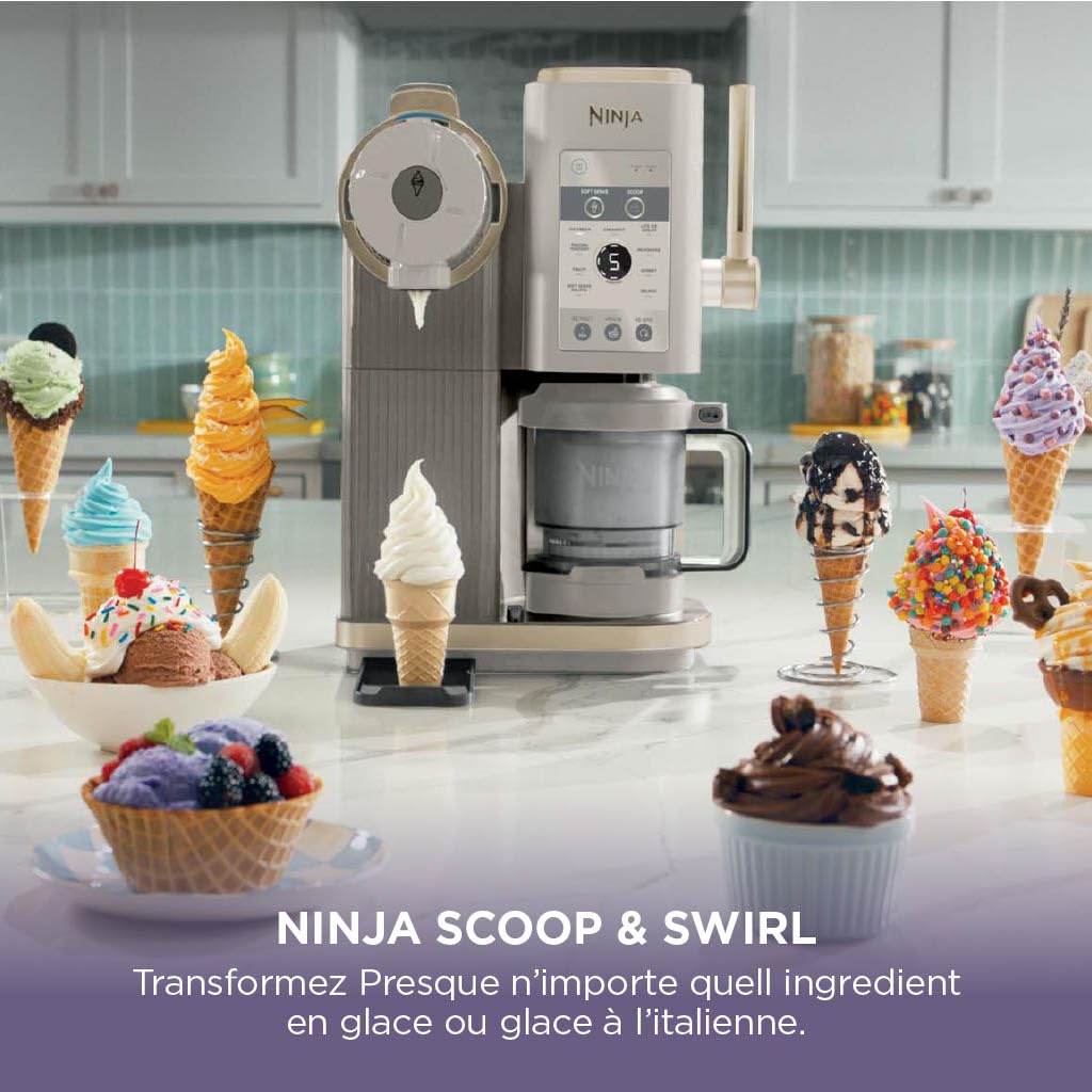 NINJA CREAMi Sorbetière Scoop and Swirl avec 2 pots, 13 modes pour réaliser crèmes glacées, glaces à l’italienne, gelatos, sorbets, milkshakes et plus, option Extra, Stone/Or NC701EUSTGD