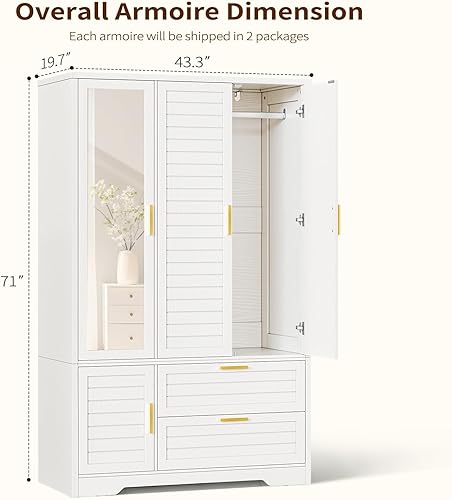 Miniatura 2 de Armario Armario con espejo – Armario de almacenamiento de ropa de madera de 71 pulgadas, Armario con puertas y 2 cajones, Armarios independientes
