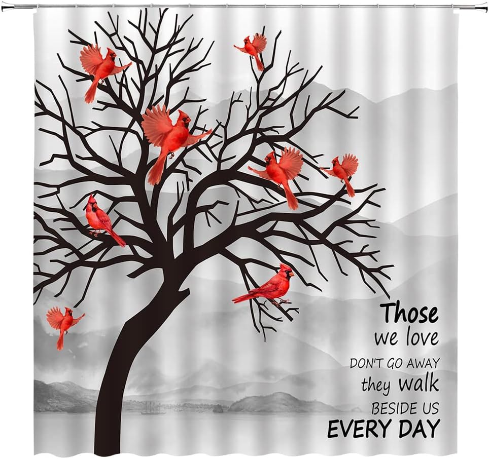 Sunhe Tree Shower Curtain Abstract Black Leafless Tree Trunk Red Birds Autumn Fall Winter Forest Branch Nature Rustic Vintage Bathroom Decor Fabric Curtain with Hooks