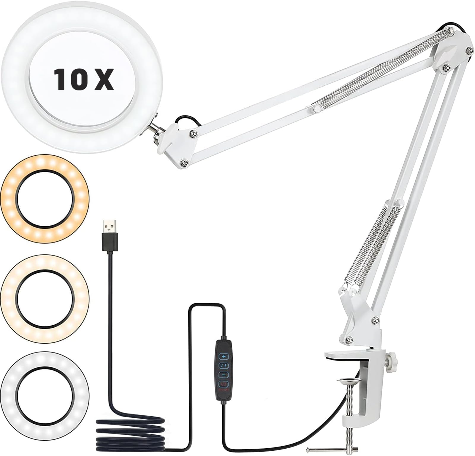 10X Lupe mit Licht und Ständer, Lupenleuchte mit 72 LEDs, 3 Farbmodi Dimmbare&10 Helligkeitsstufen, Leselupe, LED Leselampe mit Metallklemme, LED Lupenlampe für Schmuck, Arbeit, Lesen, Nähen-Weiß