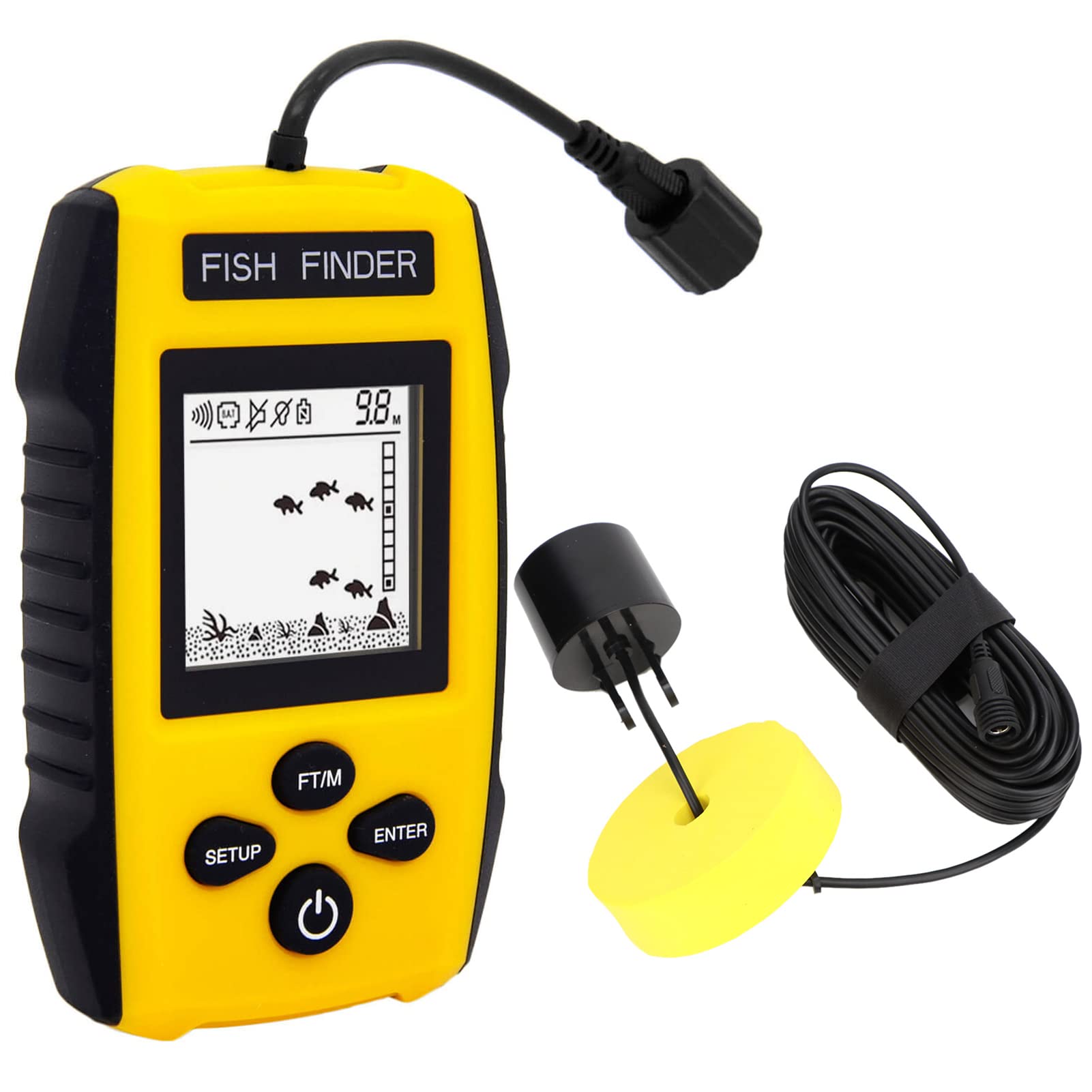 Fischfinder & Tiefenmesser, Konturanzeige für Fischereiausrüstung Fischtiefen-Tiefenanzeige 3 m (1 m) bis 100 m (3 ft) bis Fishing Finder Kayak, Sonarsensor-Wandler und LCD-Display für Bootsfischerei,