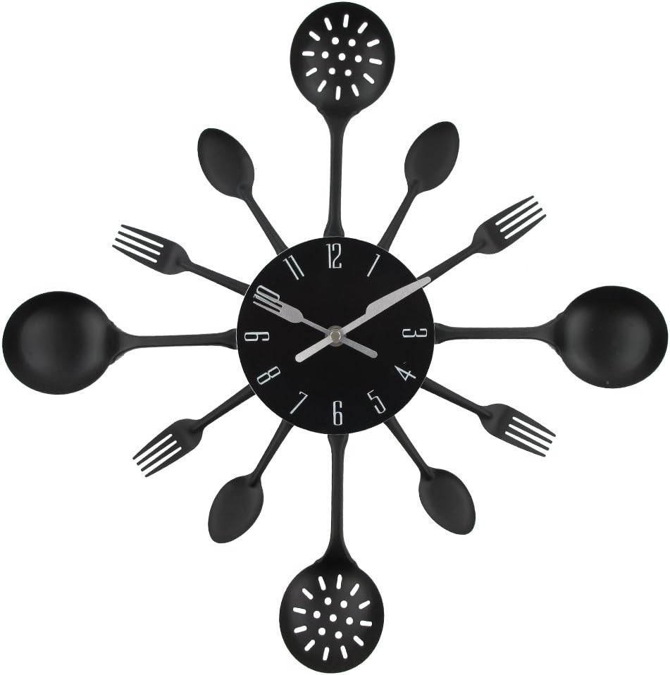 Wall Clock, 16" Metal Kitchen Cutlery Utensil Spoon Fork Wall Clock Creative Modern Home Decor Antique Style Wall Watch (Black)