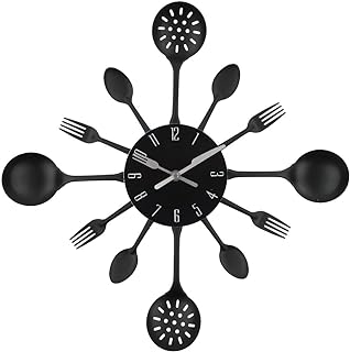 Timelike Wall Clock, 16" Metal Kitchen Cutlery Utensil Spoon Fork Wall Clock Creative Modern Home Decor Antique Style Wall Watch (Black-Black)
