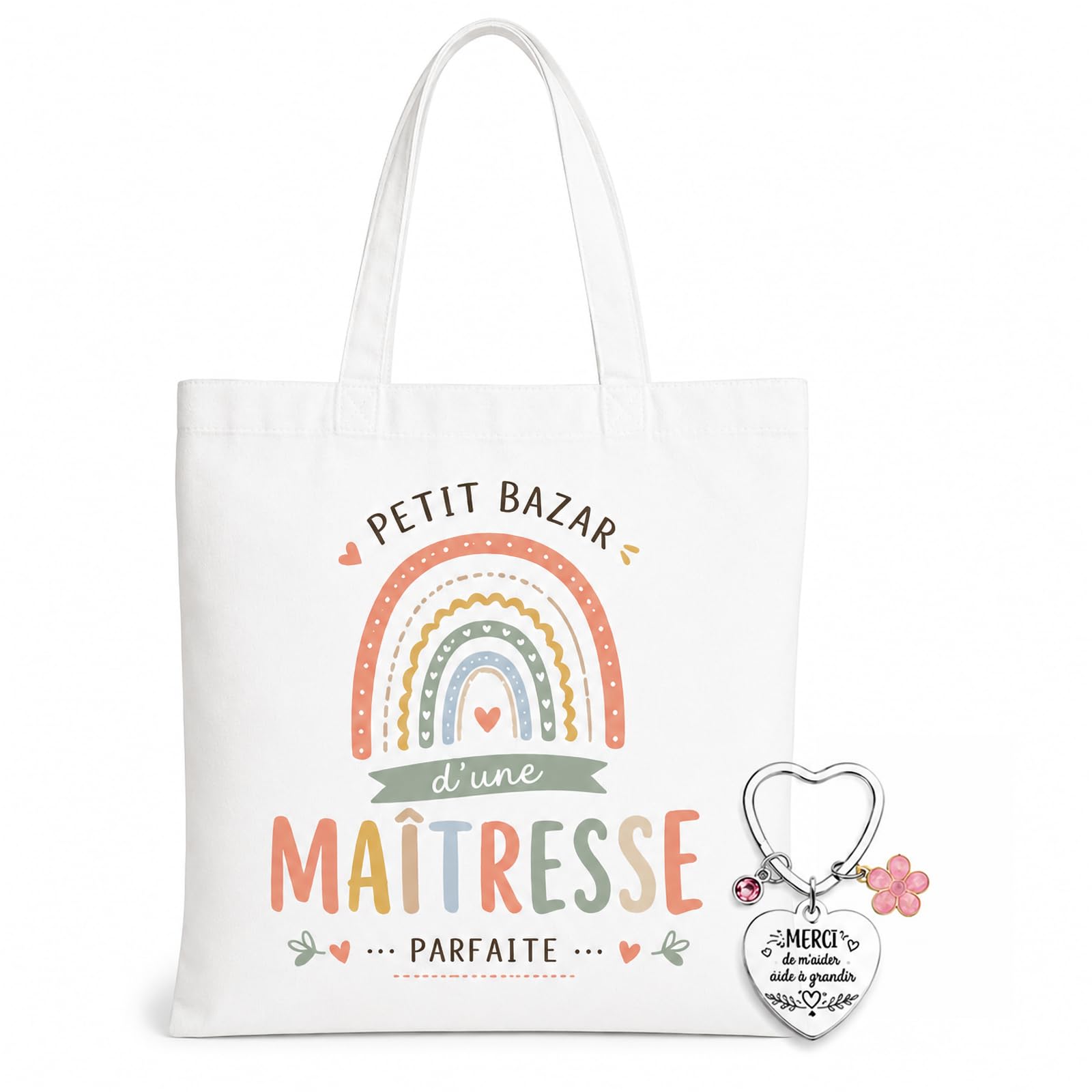 Sac En Toile & Porte-Clés Cœur En Acier Inoxydable Cadeau Maitresse D'École Original
