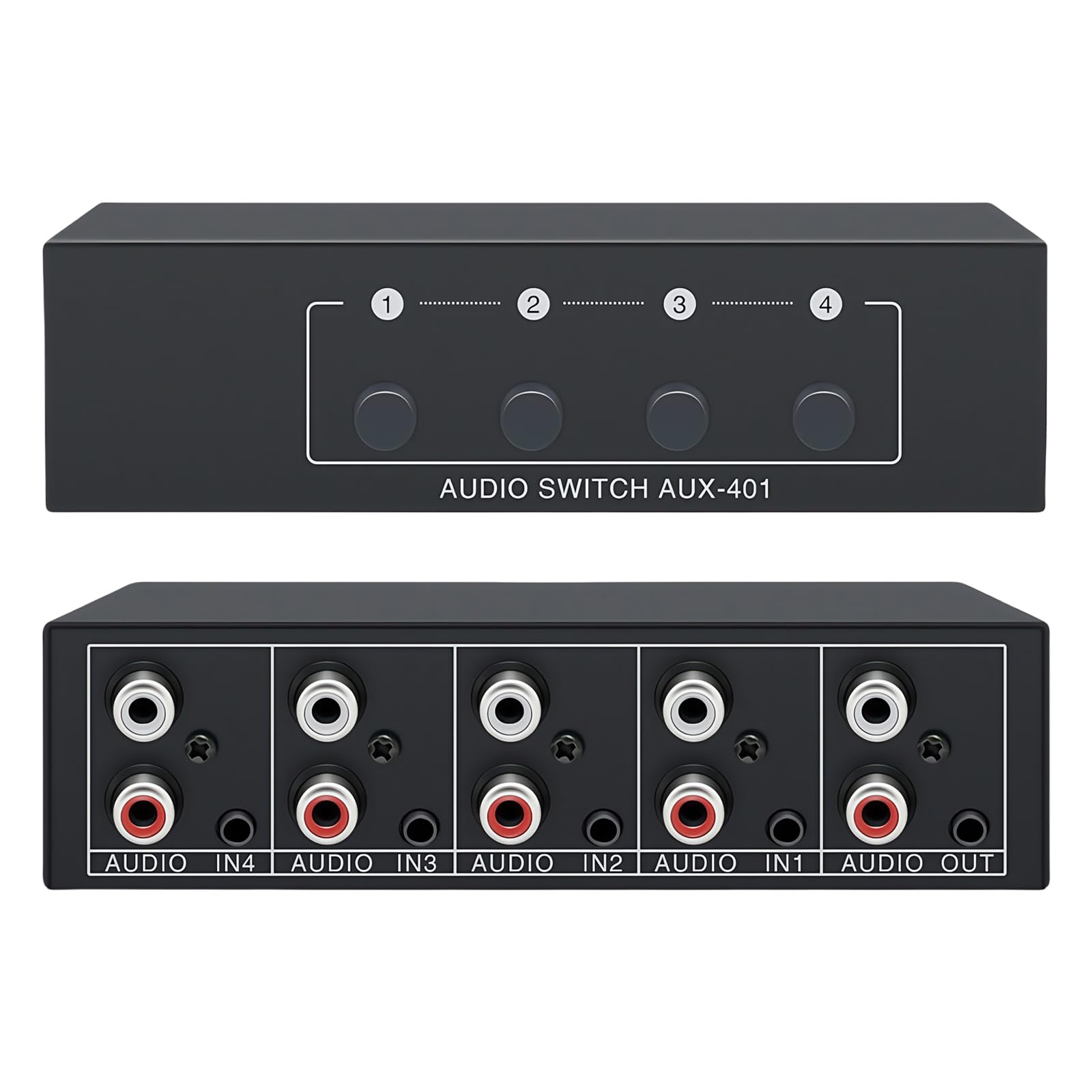 Interruptor de audio, interruptor de audio AUX, RCA L/R Audio Switch 4 (1)-In-1(4)-Out, interruptor de audio RCA, 3,5 mm divisor de audio para auriculares, fono, altavoces