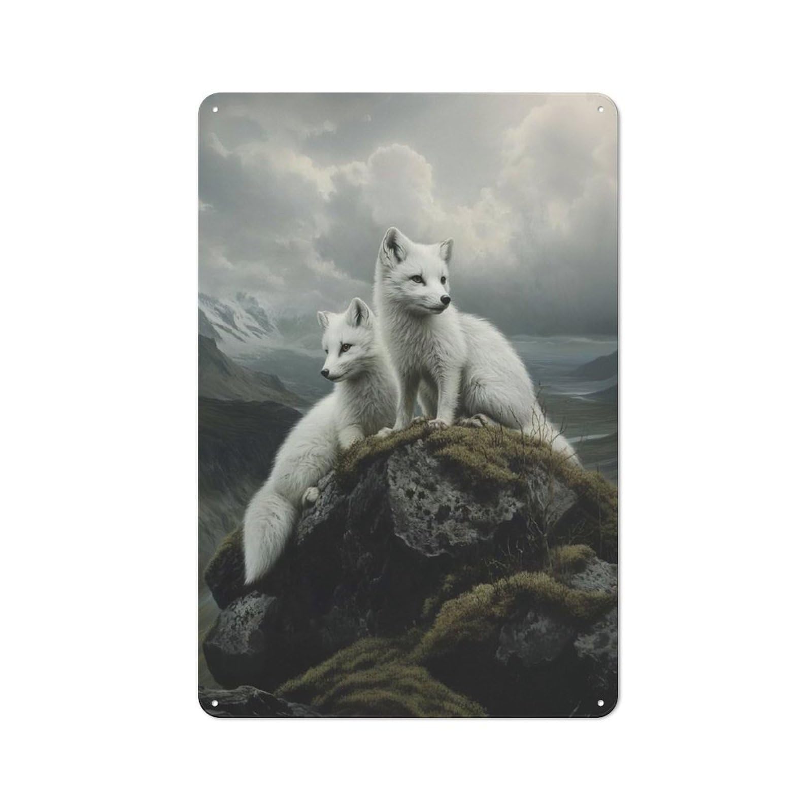 Tin Wall Plaque 30x20cm with Arctic Fox Duo for Home Bar Wall, for Hosts Who Enjoy Retro Interiors