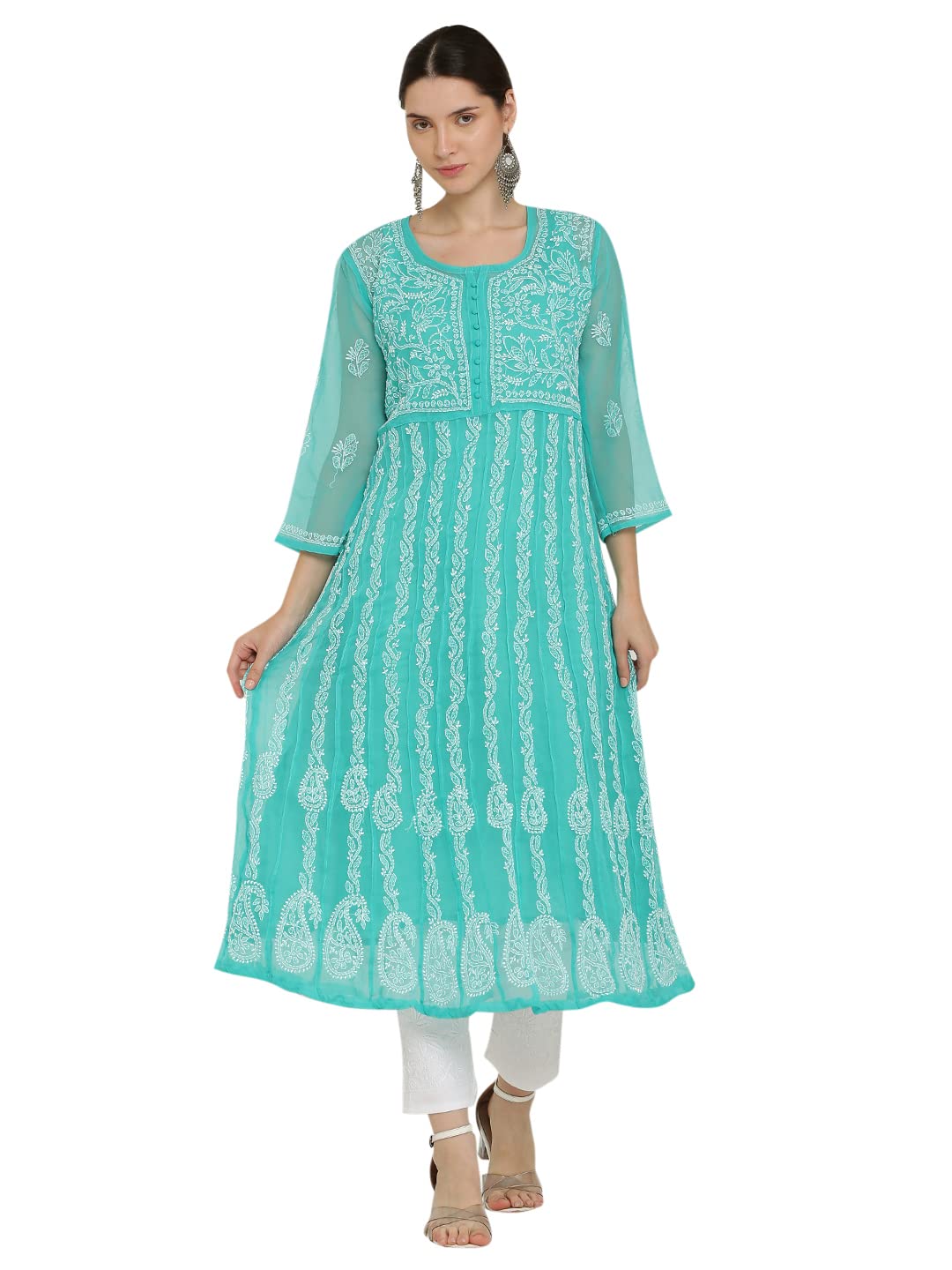 FAWOMENT Women's Georgette Yok Anarkali with Intricate Lucknowi Chikankari with Fine Hand Crafted Embroidery (X-Large, Green)