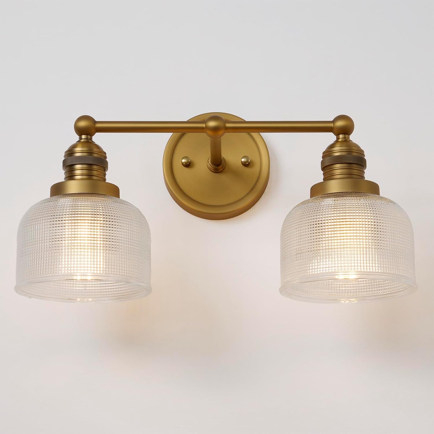 Double Vintage Gold Wall Sconces Antique Brass Bathroom Vanity Light with Clear Corrugated Glass Shade Indoor Hardwire Wall Sconce Lamp Lights for Bathroom Living Room Bedroom Kitchen