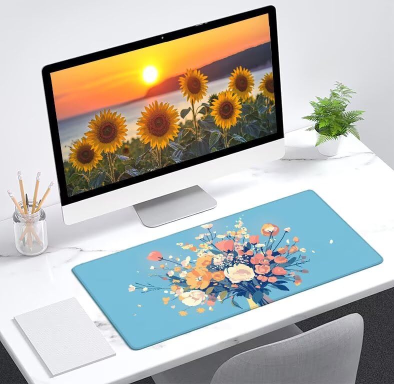 Tapis de souris XXL pour protéger le bureau et stabiliser le clavier avec style Fleur