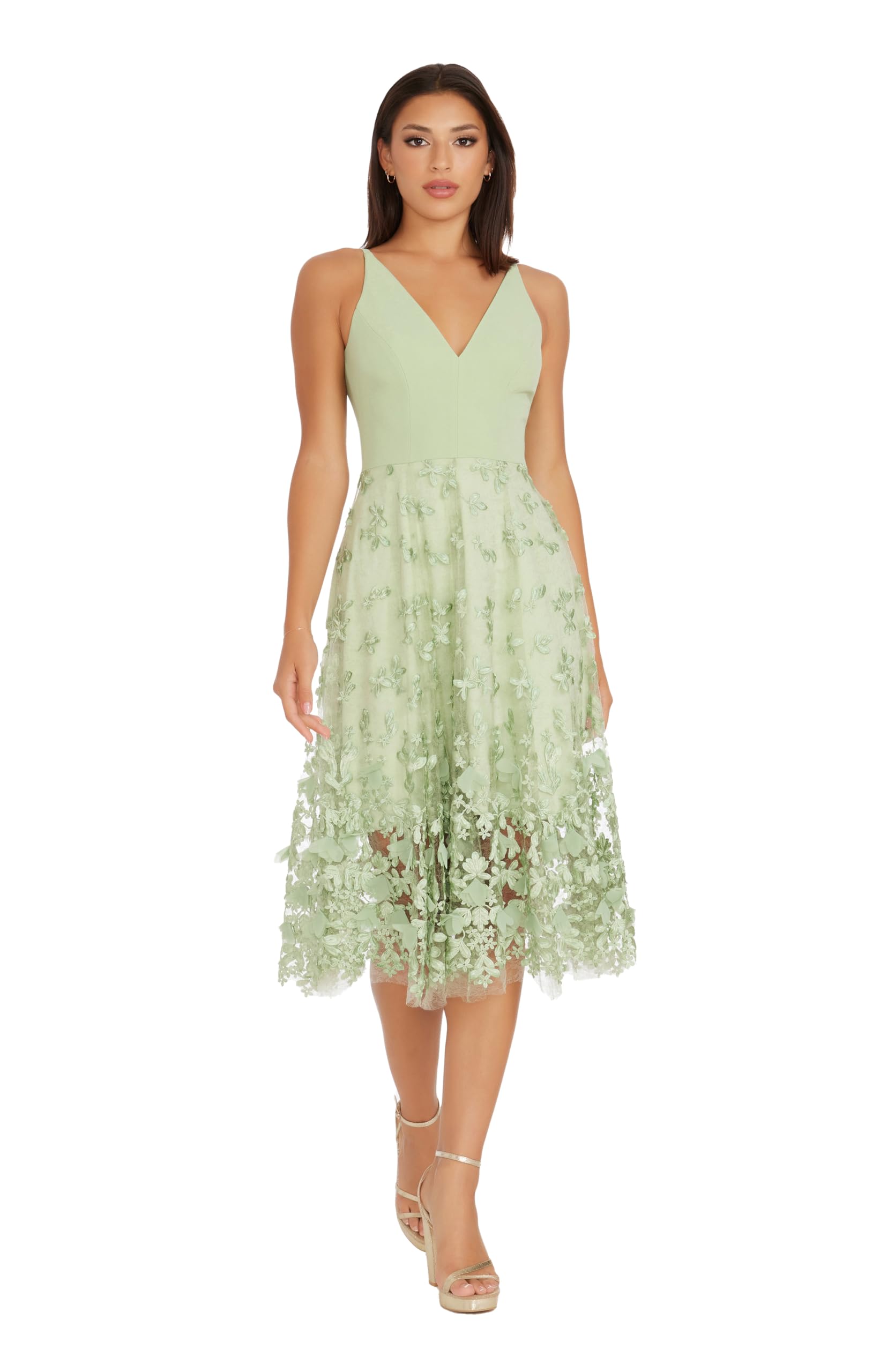 Photo 1 of Dress the Population Women's Darleen Sleeveless Plunging Neckline FIT and Flare MIDI Dress, Sage, Medium