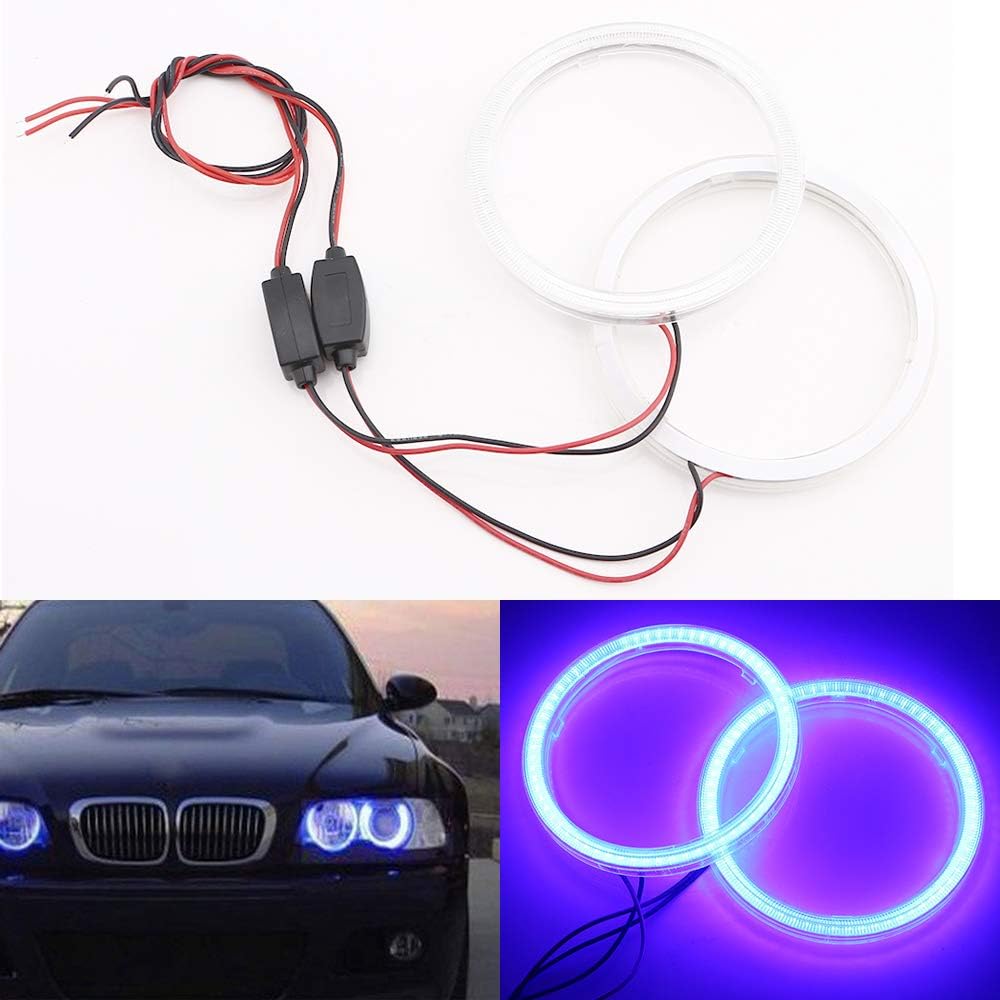 Qasim 1-Pair 70MM 60SMD COB LED Halo Ring Angel Eyes Led Car Headlight Day Running Light DRL with lampshade Cover Blue 12V 24V DC