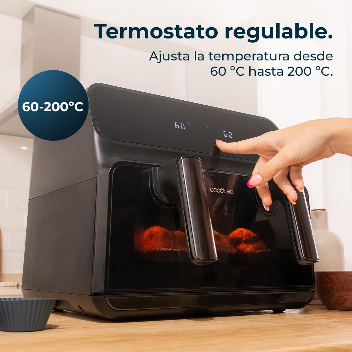 Cecotec Freidora de Aire 9 L Cecofry Advance 9000 Window Total 2200W | Temperatura Dual, Pared Divisoria Móvil, Ventana de Visualización, Tecnología PerfectCook, Control Digital, Función Dietética