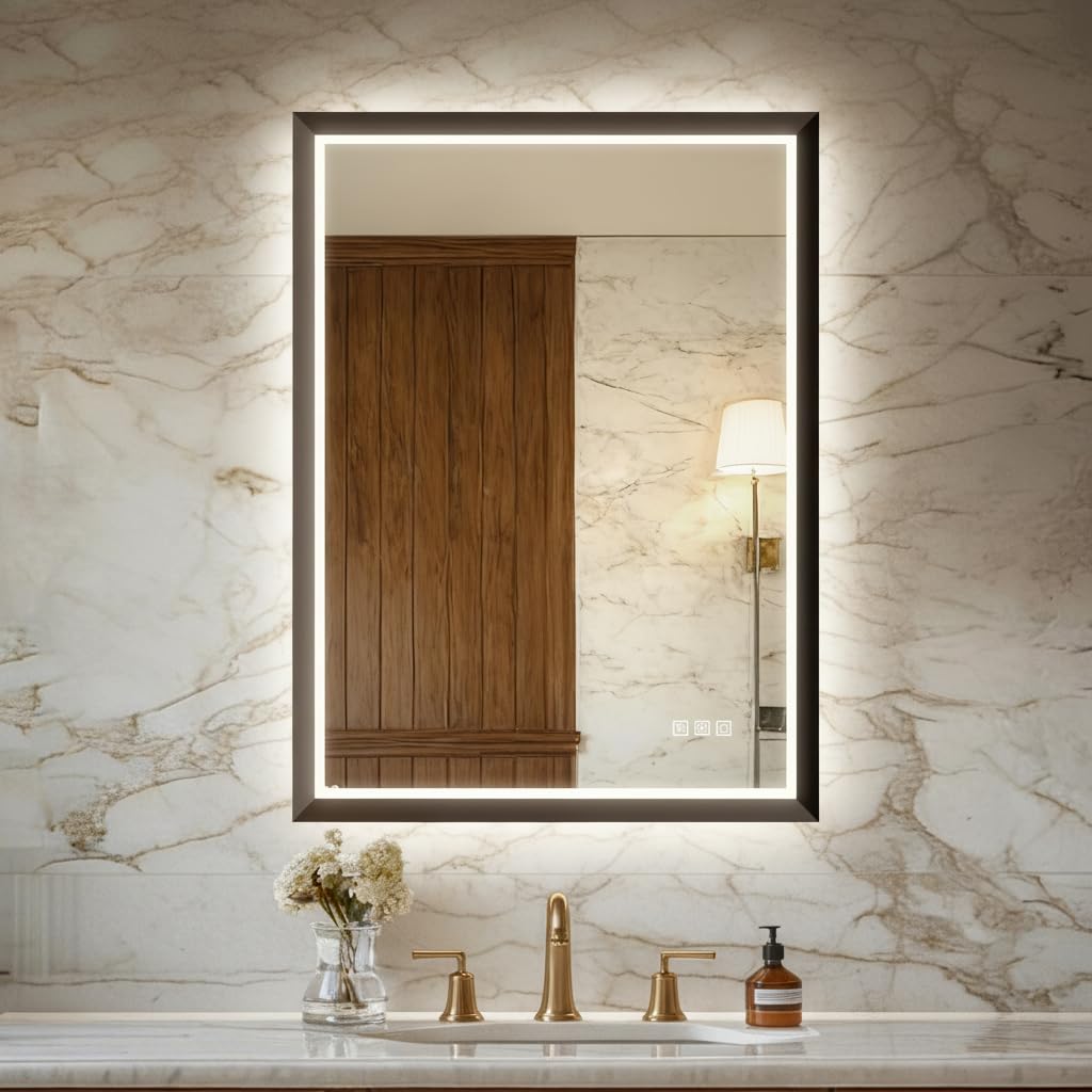 USHOWER 22x30 Inch Black Mirror with Light Frame, Shatter-Proof
