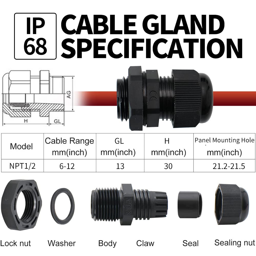 AIRTAK 1/2" NPT Cable Glands - IP68 Waterproof Connectors For 6-12mm Cables (5-Pack Black)