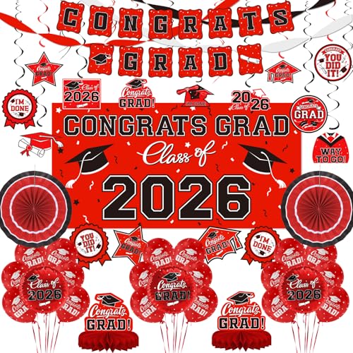 Red Themed 2026 Graduation Decorations Set - Congrats Grad Banner Class of 2026Backdrop Balloons & Streamers Kit - Complete Party Supplies for High School & College Celebrations