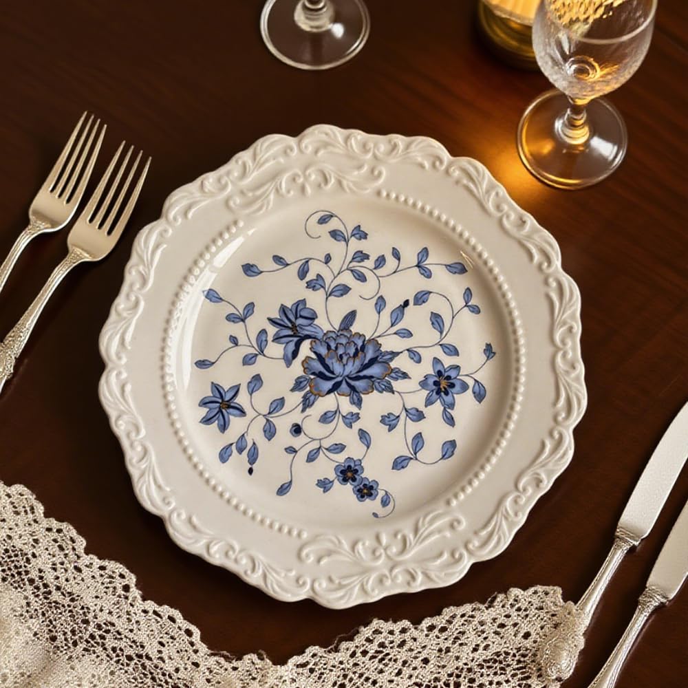 Geprägte Dessertteller, Keramik, Western-Stil, Kuchen, Nudeln, Salat, Abendessen, Haushaltssnack, Frühstücksschalen, Vogelnest, Obst, Sahne, Salate, Suppen, Snacks (26,9 cm flacher Teller, weiß)